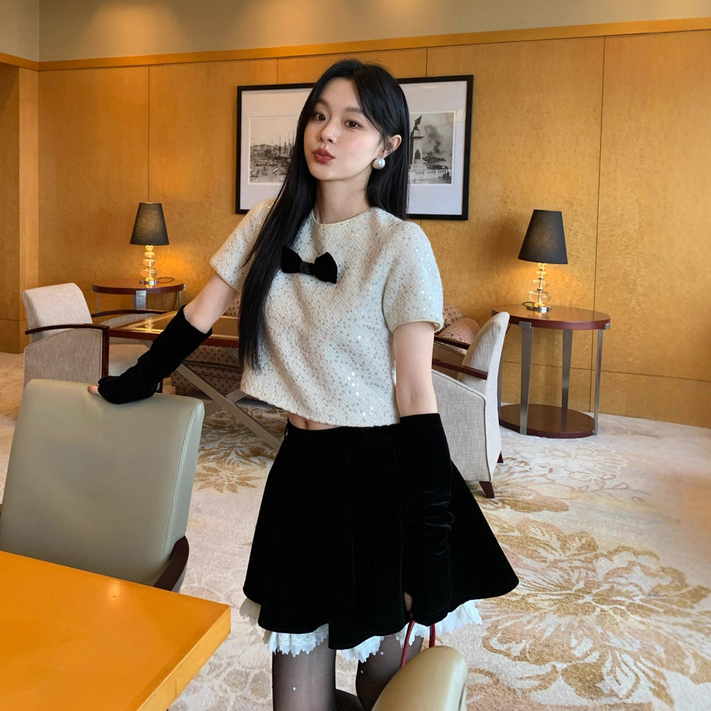 Sequin bow small fragrance style short-sleeved T-shirt