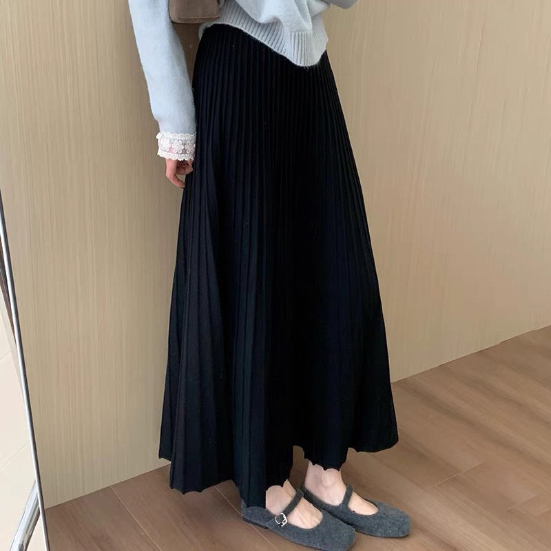 High waist and thin medium and long thickened pleated knitted skirt
