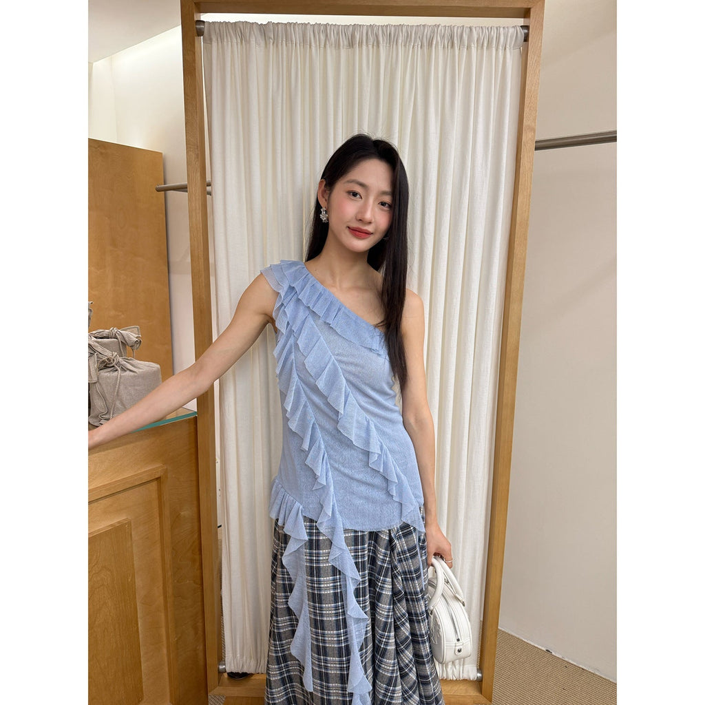 Maillard French Romantic Sleeveless Ribbon Slant Shoulder Chiffon Shirt Women