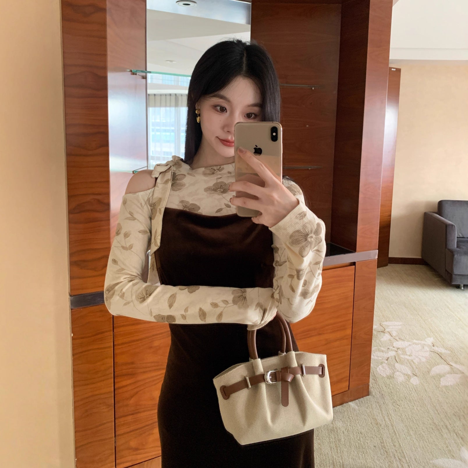 Vintage fashion slanted shoulder lace-up floral long-sleeved base shirt