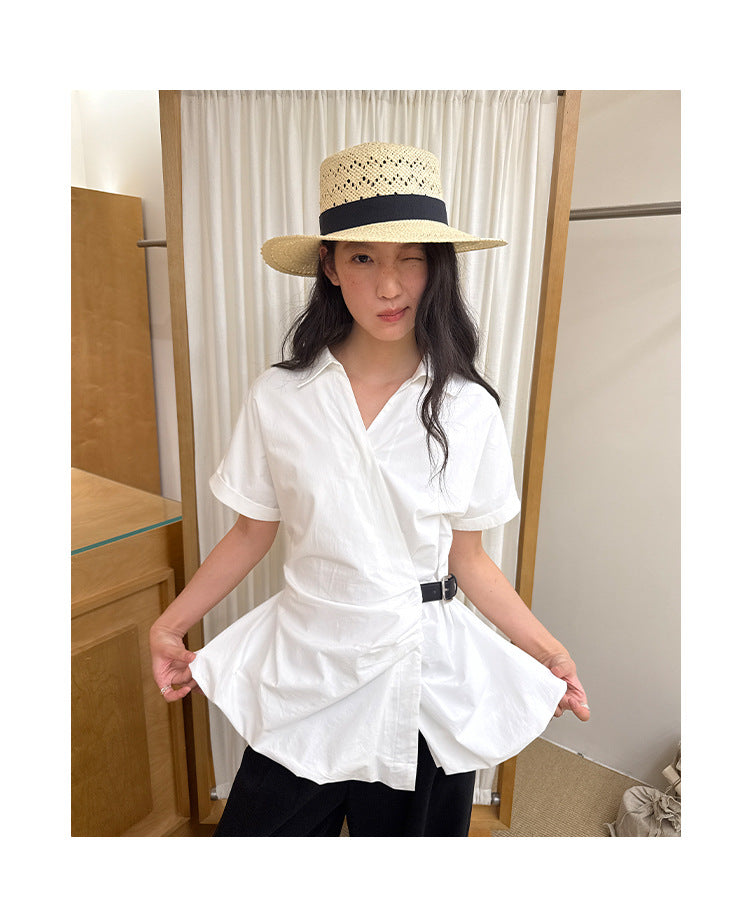 French temperament versatile pure cotton thin waist buckle short-sleeved shirt