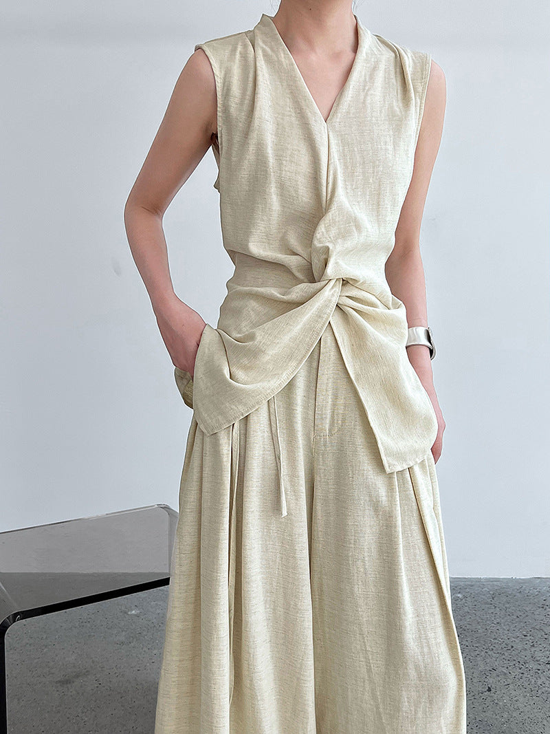 Design sense V-neck kink sleeveless vest + wide-leg pants women's summer new slim-fit linen suit