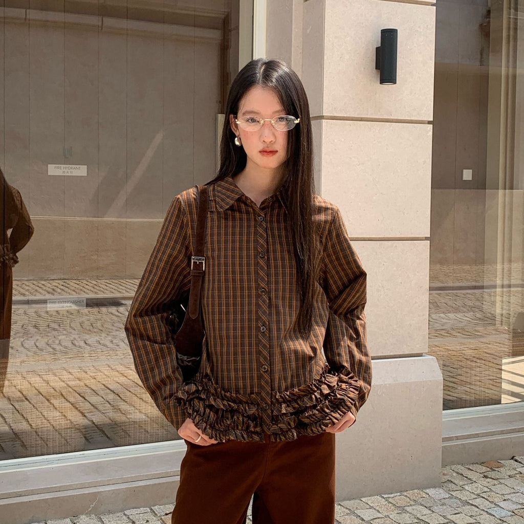 Autumn Merad retro fashion foreign style lapel long-sleeved plaid shirt