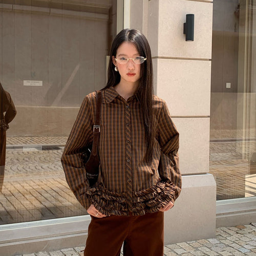 Autumn Merad retro fashion foreign style lapel long-sleeved plaid shirt
