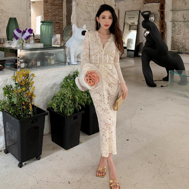 Lace Evening Dress Women V-Neck Long Sleeve High Waist French Style