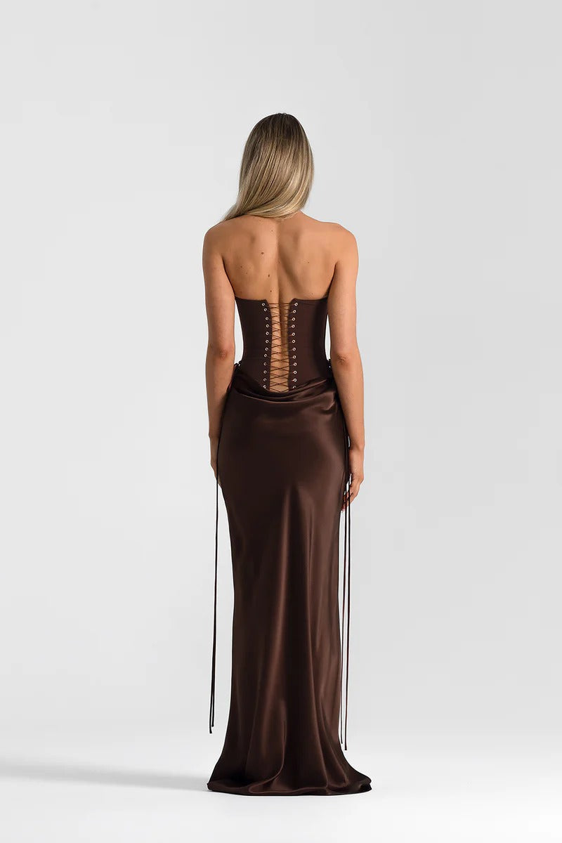 Sexy stitching satin tube top long dress waist halter lace-up dress evening dress