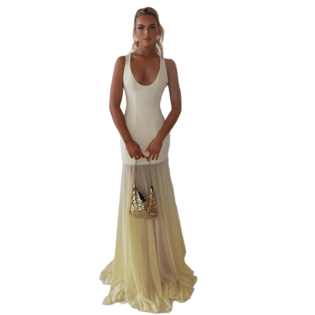 Fashion Sexy Mesh Splicing Long Dress Evening Dress Spice Girl Dress