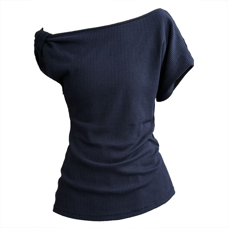 Waffle asymmetrical slanted shoulder kink T-shirt women's summer new slim slim slim Spice Girl top thin