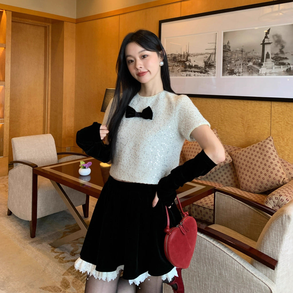 Sequin bow small fragrance style short-sleeved T-shirt