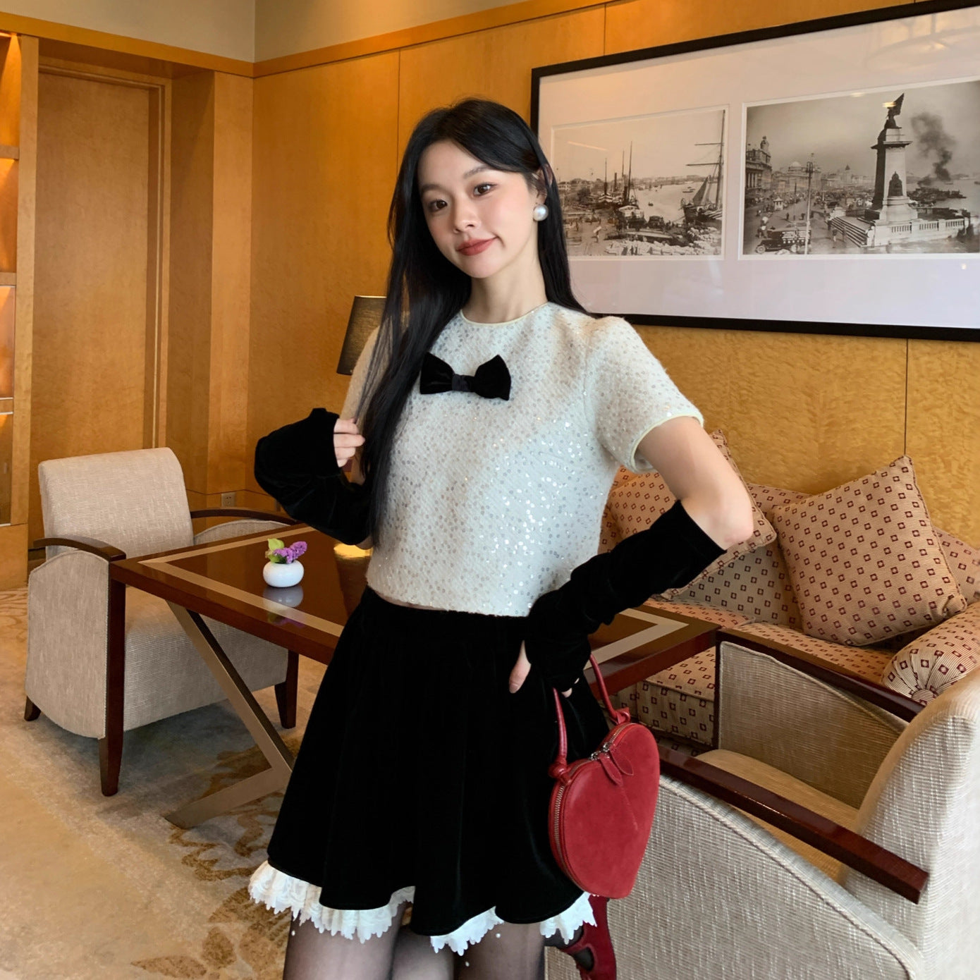 Sequin bow small fragrance style short-sleeved T-shirt