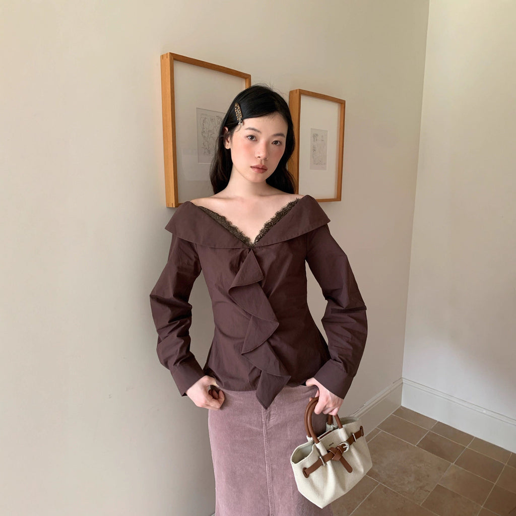 French Sweet Lace V-Neck Long Sleeve Ruffle Shirt
