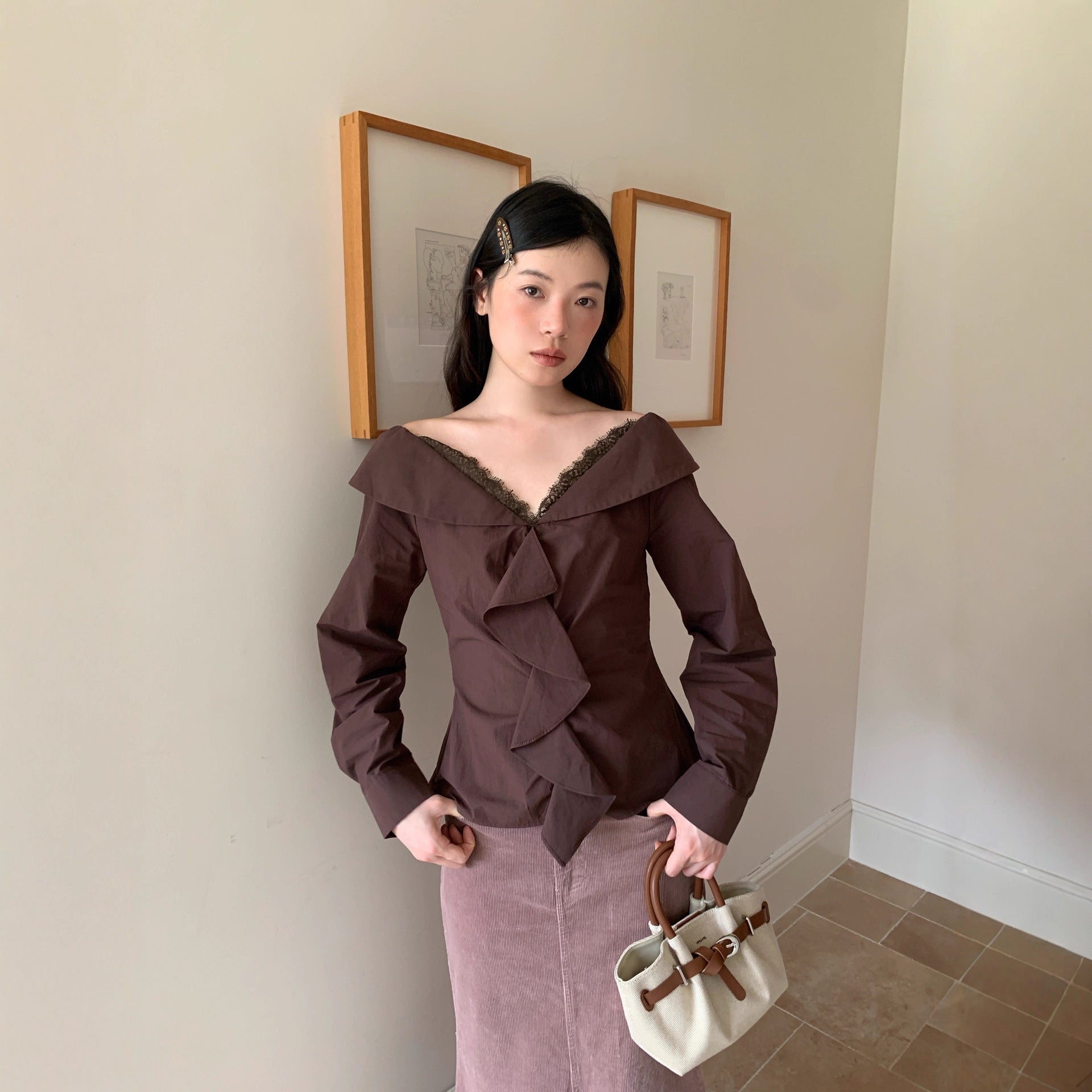 French Sweet Lace V-Neck Long Sleeve Ruffle Shirt