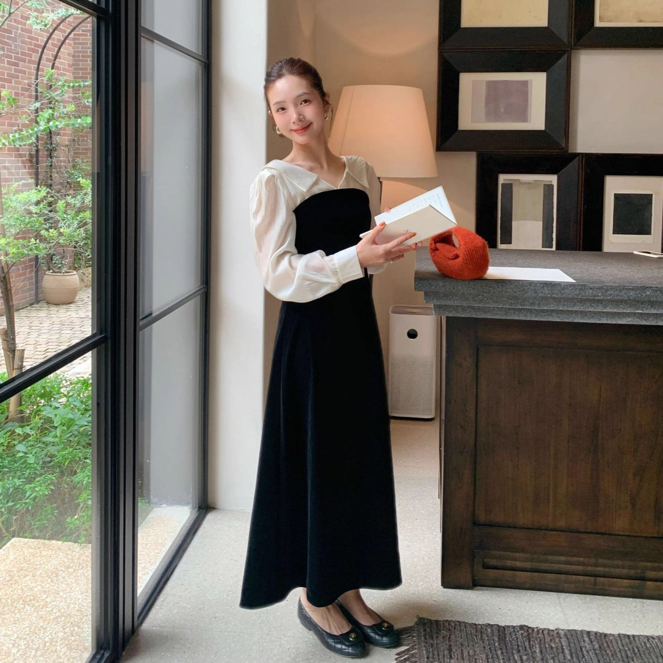 Commuter fake two-piece lapel long-sleeved velvet dress
