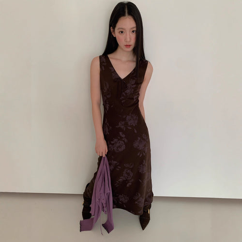 Autumn French retro rose print V-neck temperament sleeveless dress
