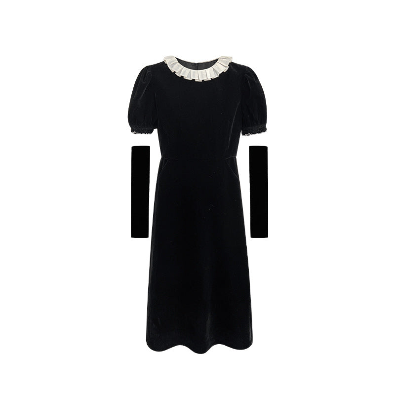 French lace collar shows thin temperament bubble sleeve dress