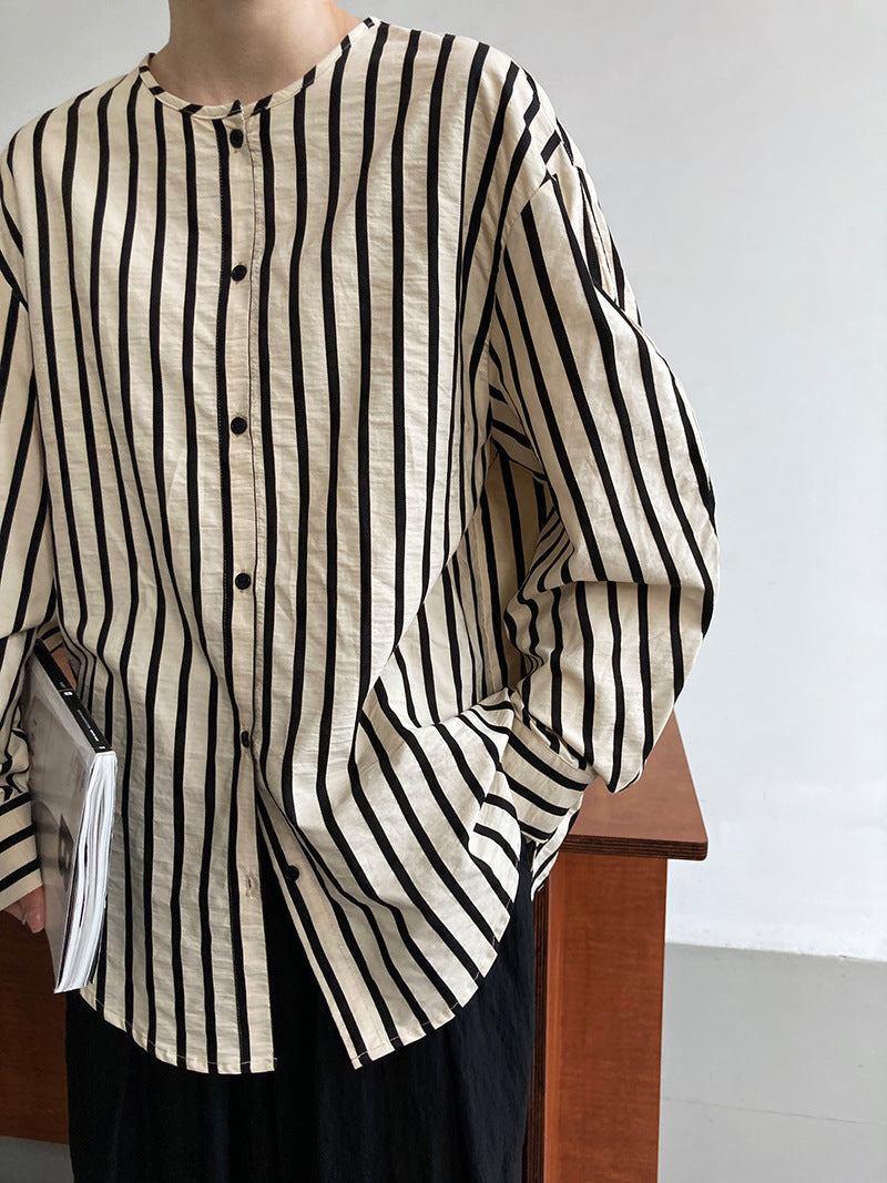 Springfrenchcasual round neck stripesshirt women's lazy loose long sleeves blogger classy shirt