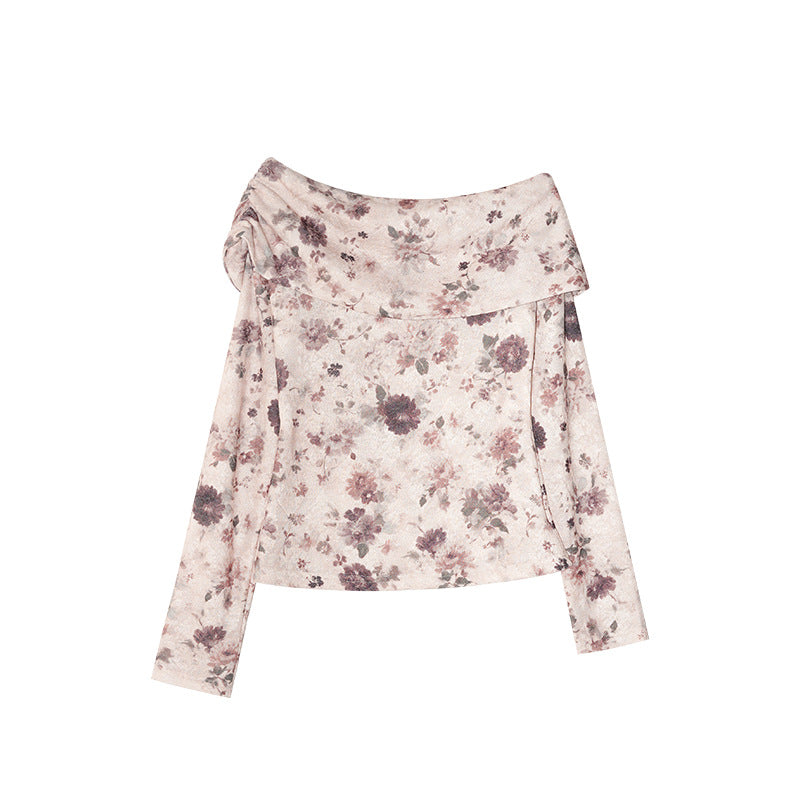 French coffee break beautiful and thin slim one-word shoulder floral bottoming shirt