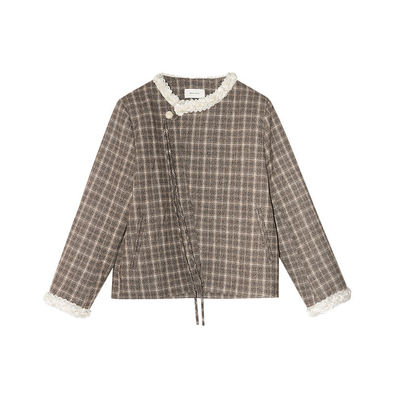 Mori checked lace irregular diagonal neck lace-up jacket