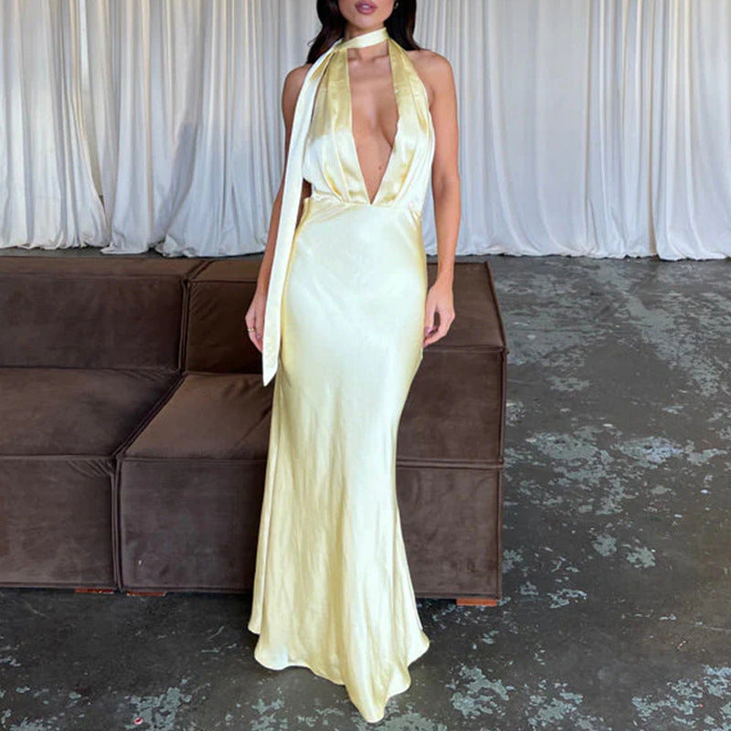 ins style sexy neck dress big halter solid color Spice girl fashion dress