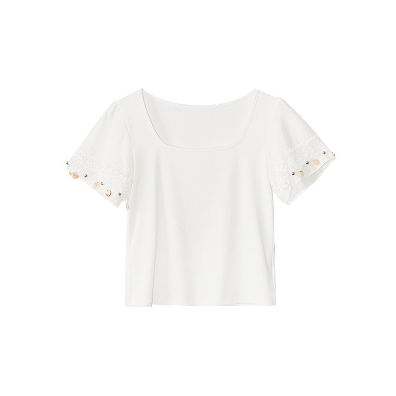 Versatile short-sleeved T-shirt slimming square neck lace trim top
