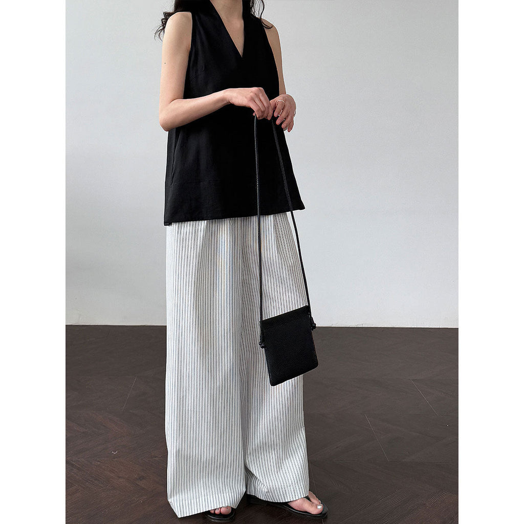 Korean vertical striped thin wide-leg pants women's summer new cotton lazy versatile mopping straight-leg pants