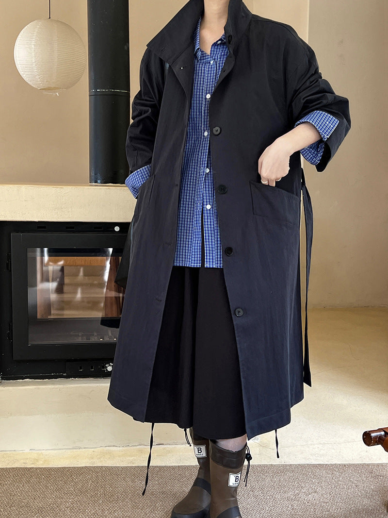 Autumn minimalist silhouette stand-up collar trench coat women's mid-length lace-up lazy style jacket top