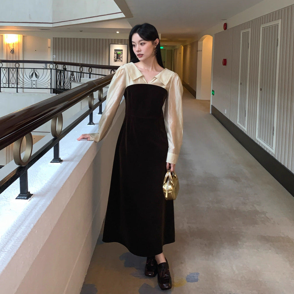 Commuter fake two-piece lapel long-sleeved velvet dress