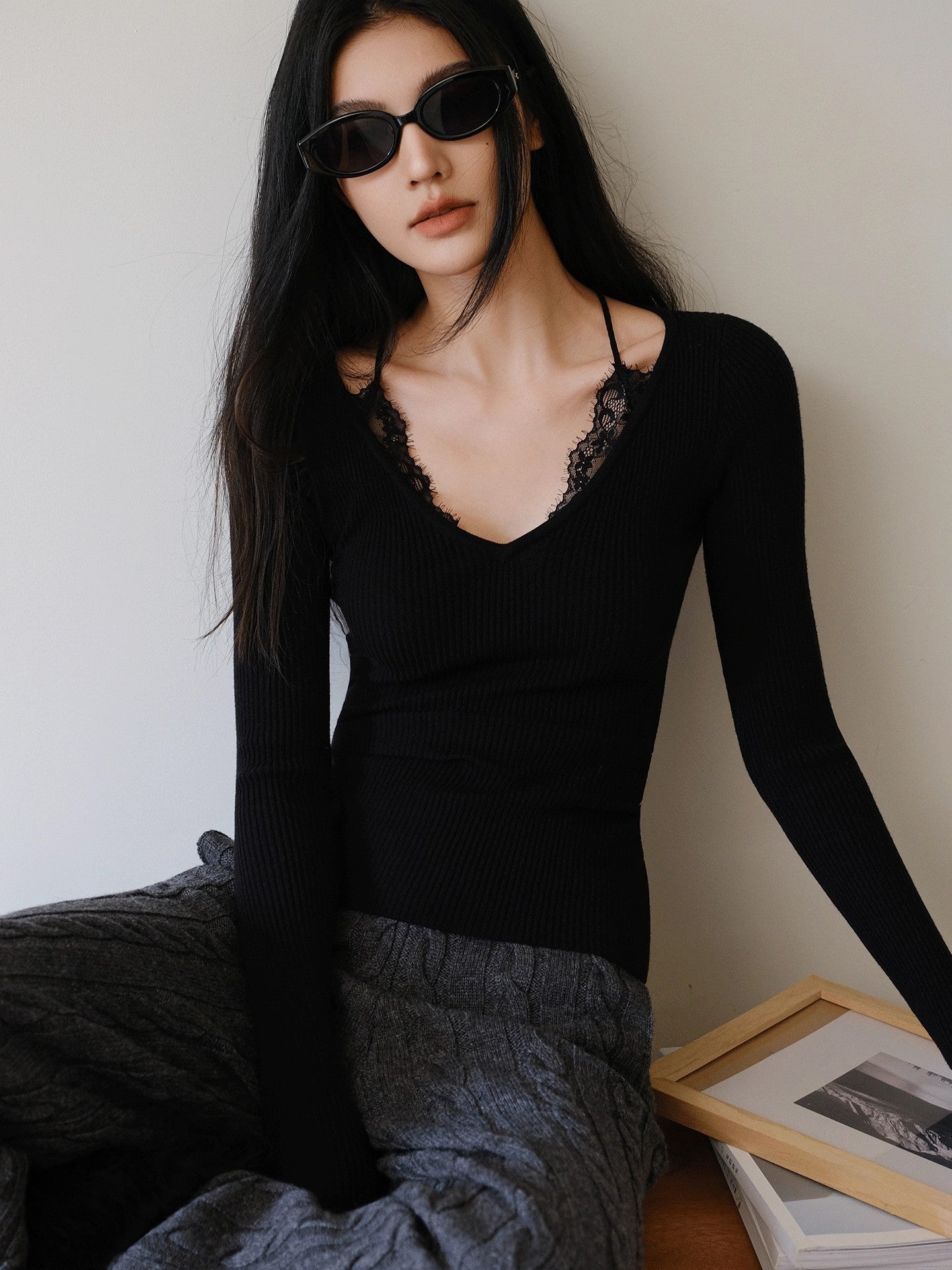 French Lace Trim Wool Knit Top | V-Neck Slim Fit Stretch Base Layer