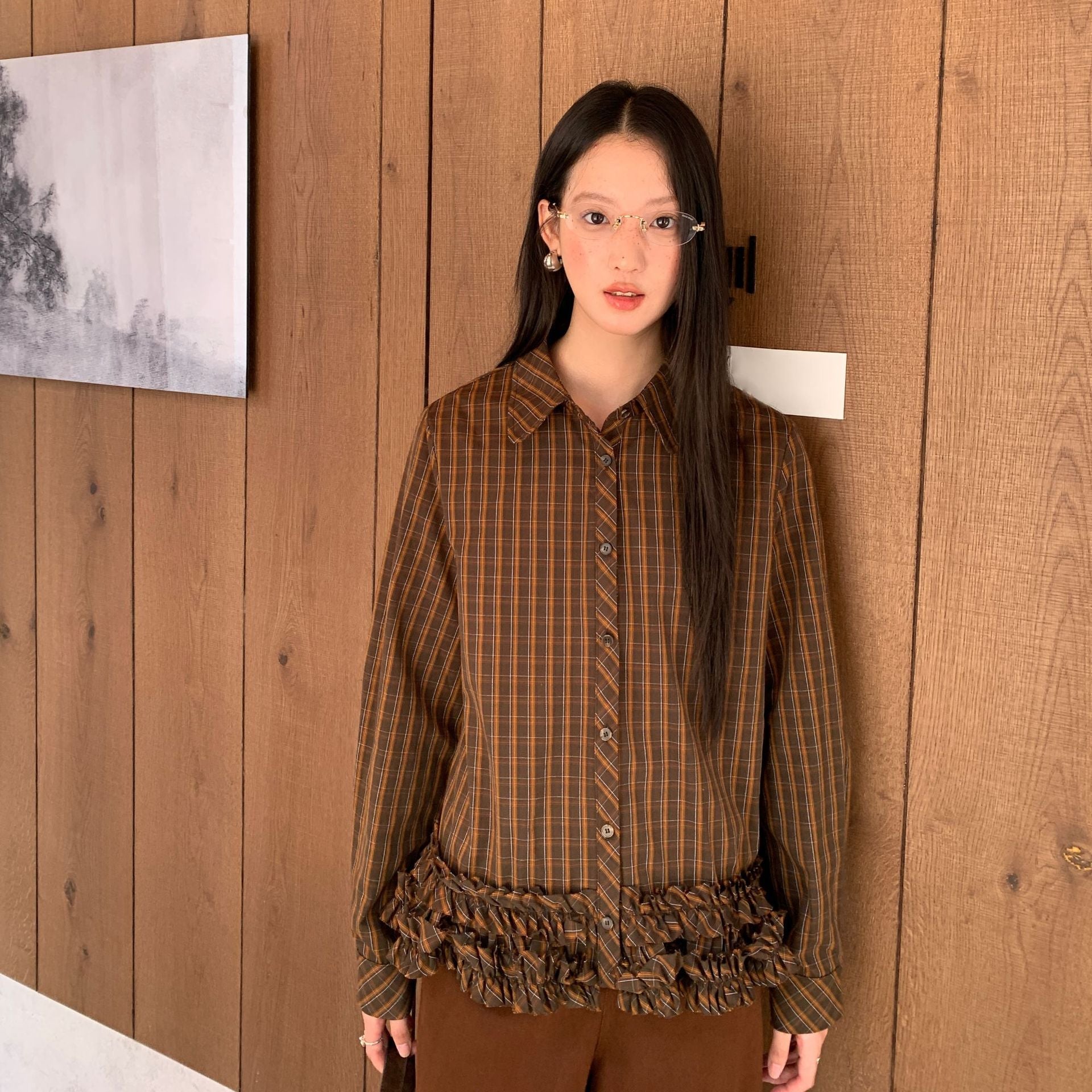 Autumn Merad retro fashion foreign style lapel long sleeve plaid shirt women