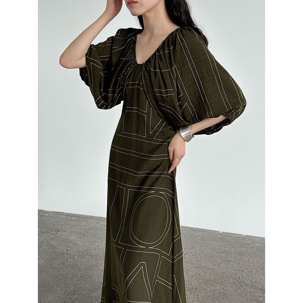 Korean puff sleeve resort style V-neck backless strap skirt summer new puff sleeve dress