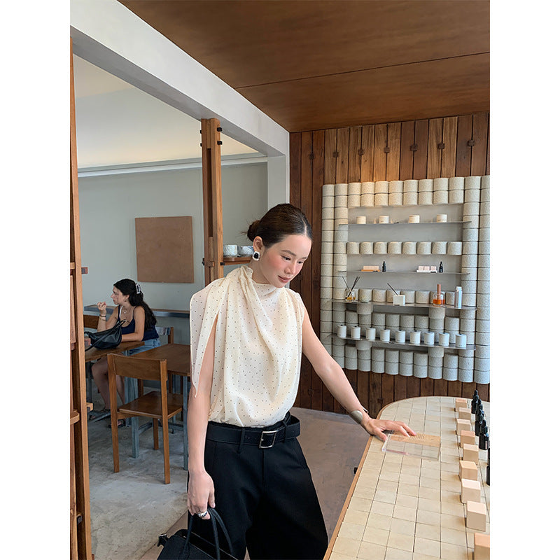 Spring and summer fashion trend French swing neck copper ammonia silk printed sleeveless shirt