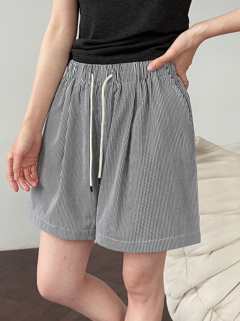 Korean style minimalist retro vertical striped casual hot pants - women's summer new high-waisted slimming a-line shorts