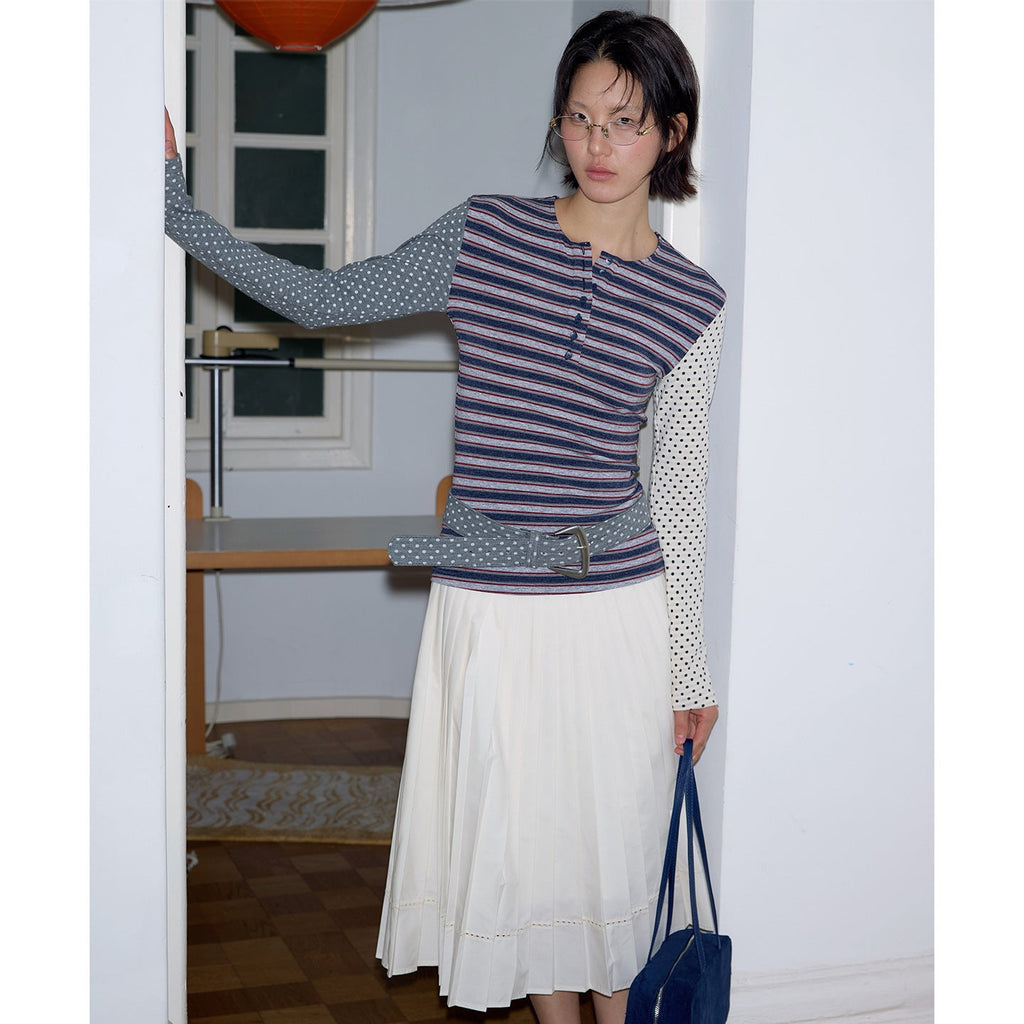 Striped contrasting polka dot long-sleeved knitted T-shirt niche commuter long-sleeved top