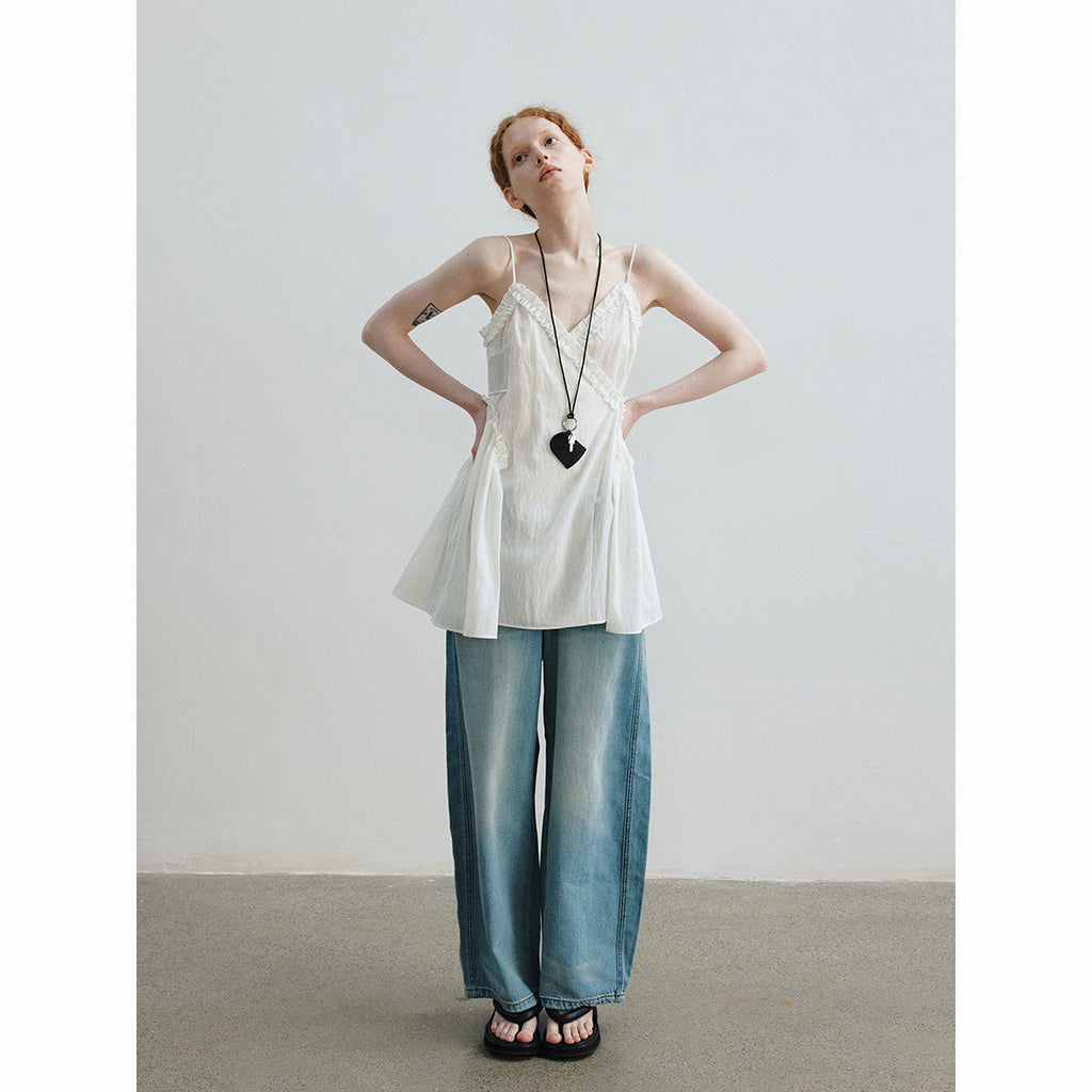 Summer casual solid color fungus edge double root medium and long wrap suspender skirt