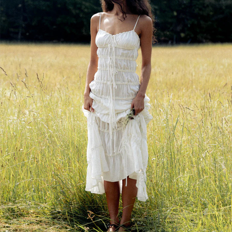 Stylish and sexy backless suspender dress pleated lace mopping floor long dress style