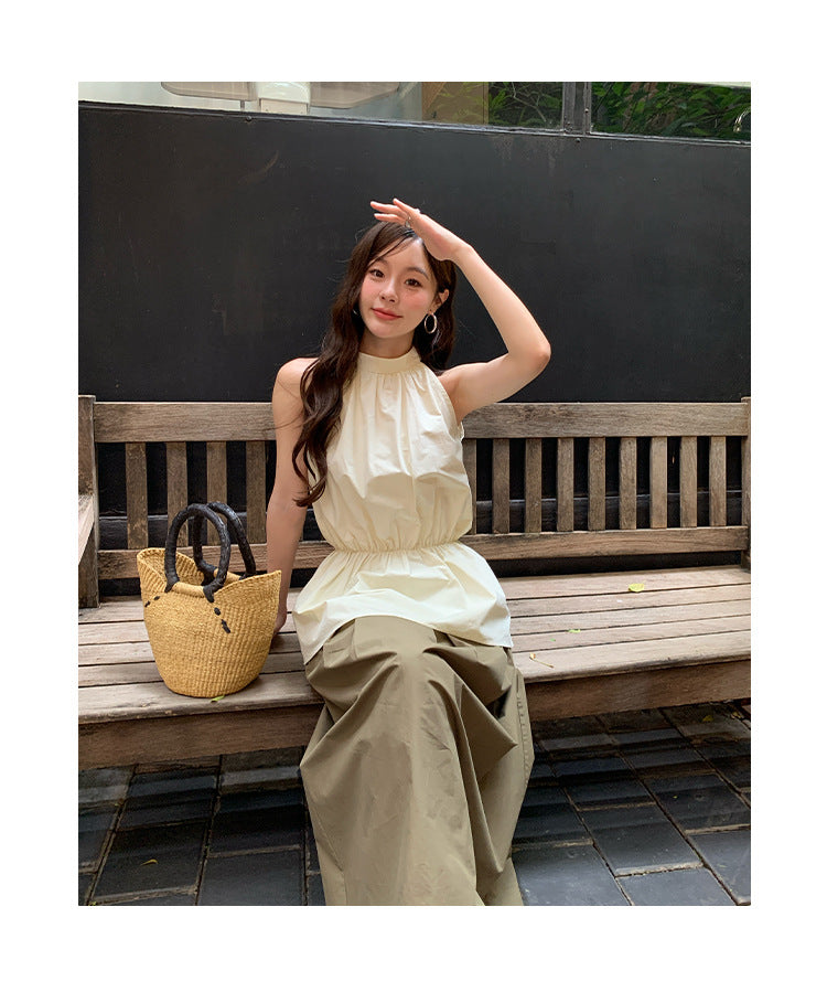 Casual simple and versatile solid color high waist and thin skirt