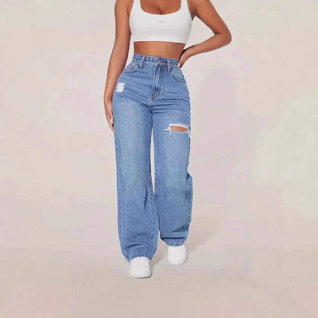 Washed Distressed Ripped Denim Jeans | Women's Casual Straight Trousers