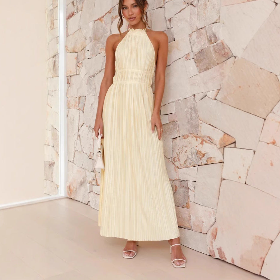 Elegant temperament backless pleated neck sexy dress