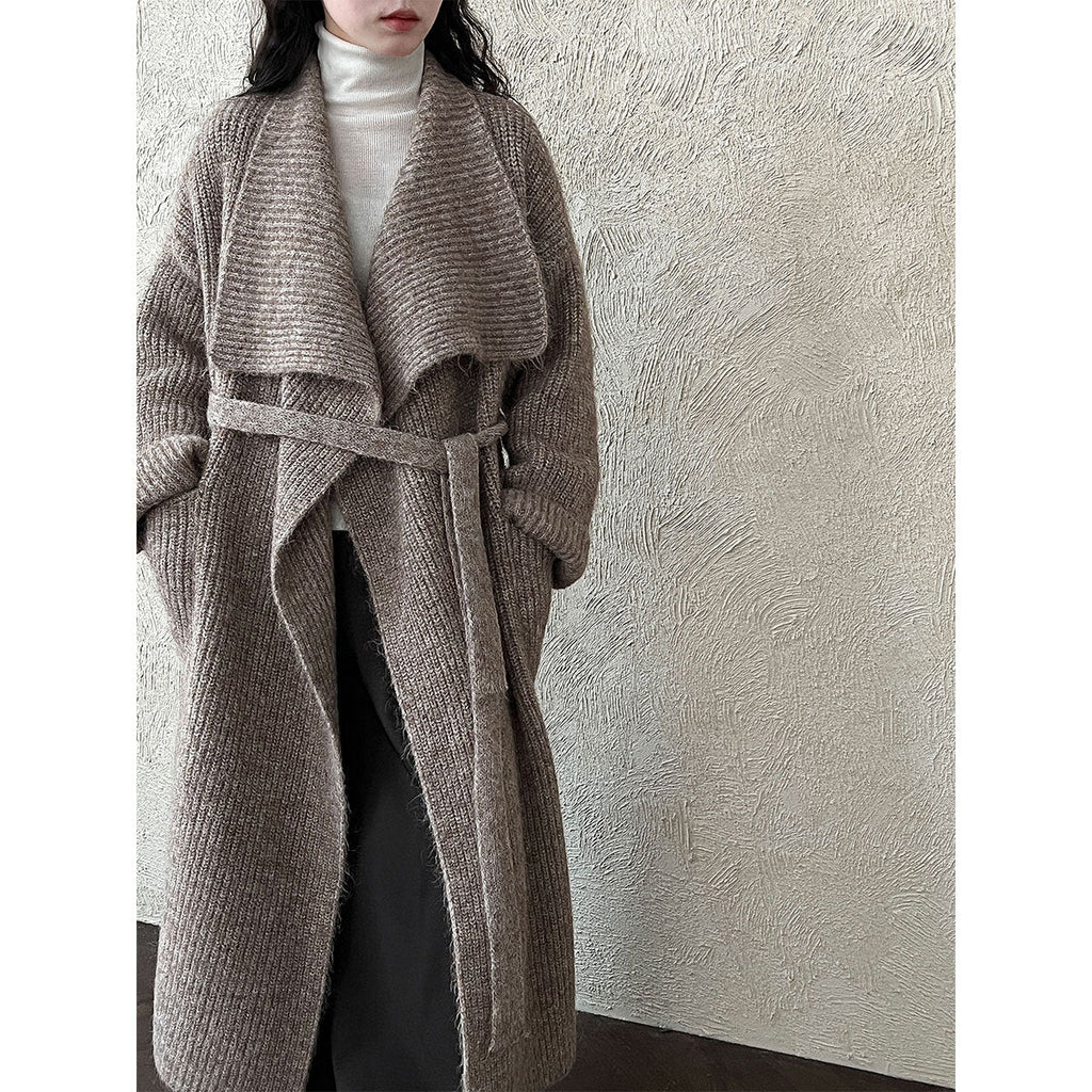 Korean style oversized knit cardigan with wide lapel - new autumn collection, soft and cozy wool blend, relaxed fit long coat