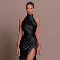 Evening dress dress, temperament split neck sleeveless party pleated dress women