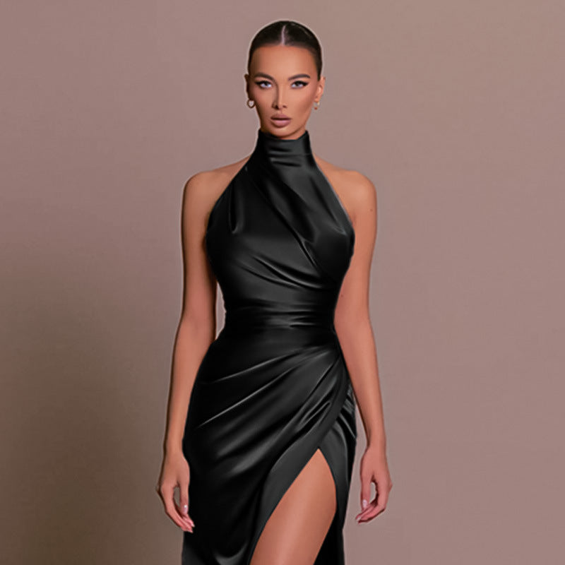 Evening dress dress, temperament split neck sleeveless party pleated dress women