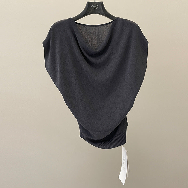 French high-end swing collar knitted shirt spring and summer niche waist ice silk off-the-shoulder top