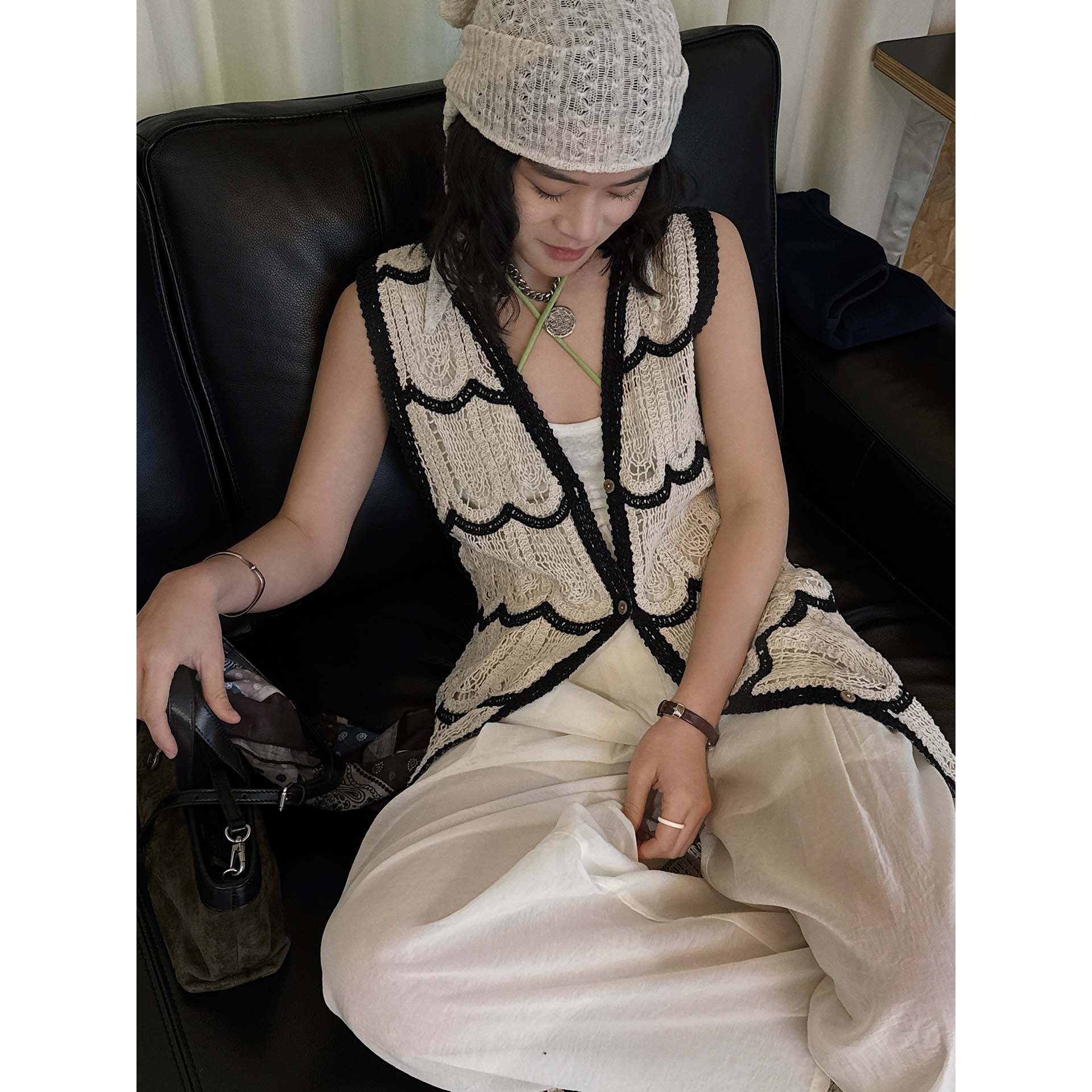 New French bohemian wave crochet long knitted cardigan holiday top women