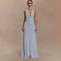 Fashion deep V streamer neck hip skirt waist pleated backless sexy dress