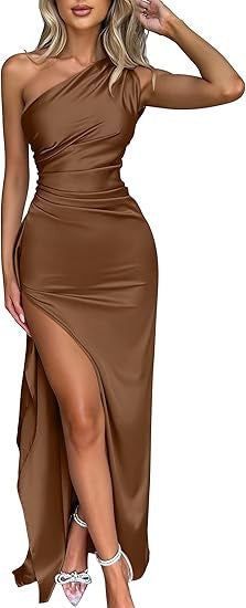 Year, single shoulder pucker split ends sexy satin dress summer temperament slim fit