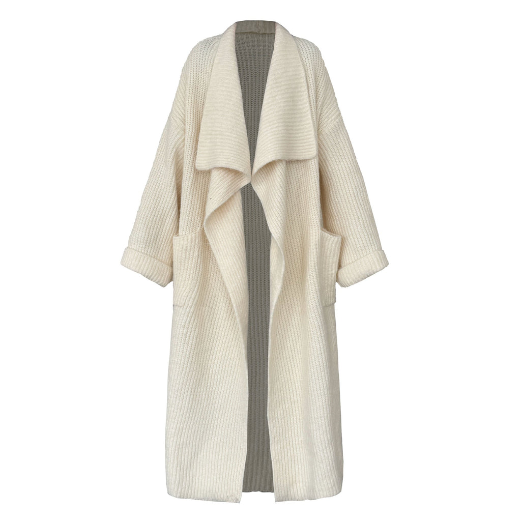 Korean style oversized knit cardigan with wide lapel - new autumn collection, soft and cozy wool blend, relaxed fit long coat