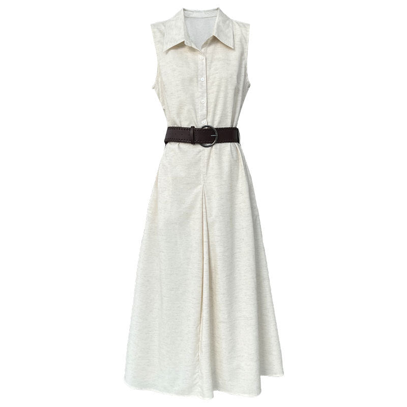 French temperament cotton and linen tooling shirt skirt with belt summer new waist sleeveless dress