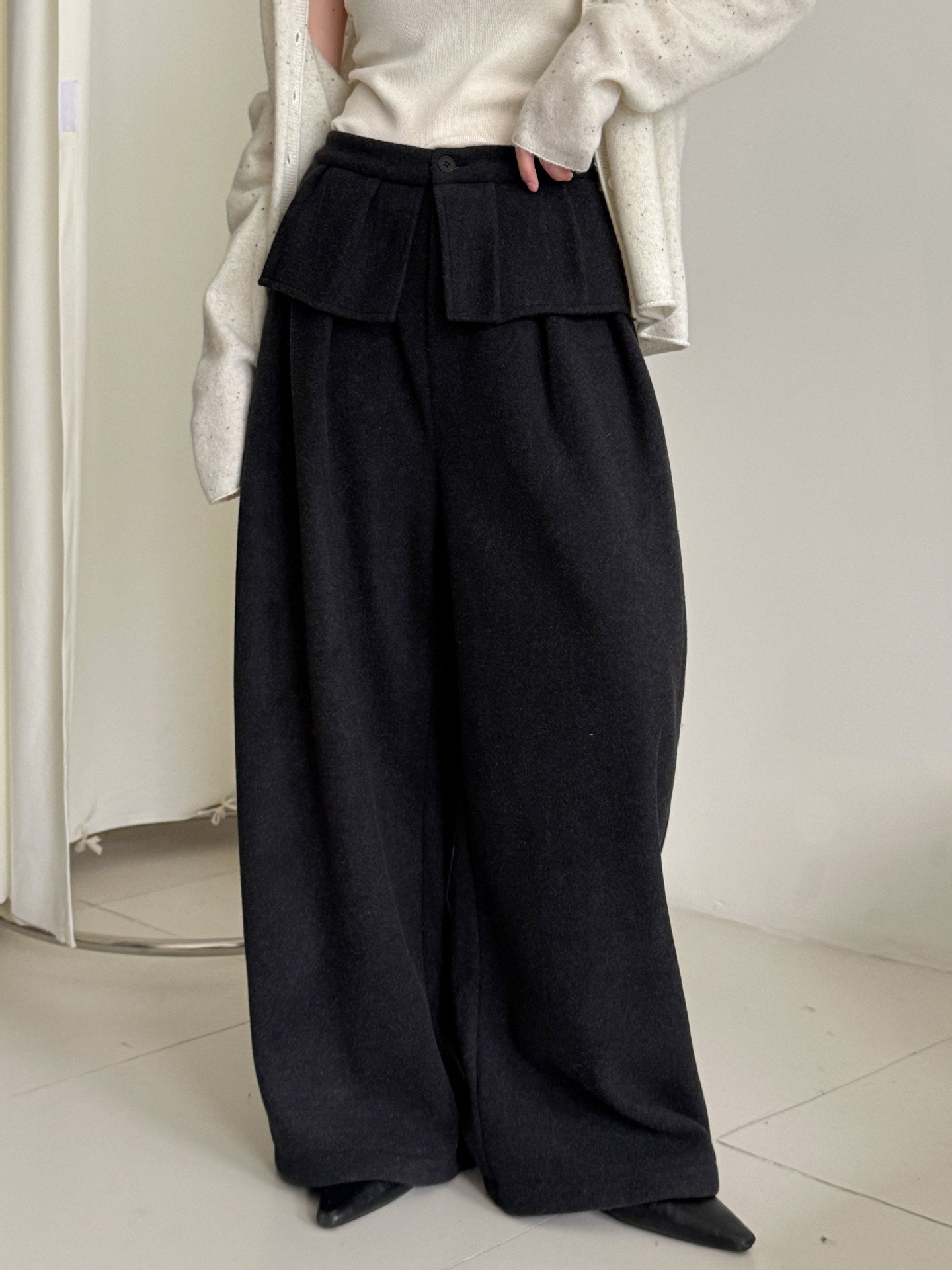 Korean style thickened wool blend wide-leg pants with patchwork detail - women's winter design, warm and casual trousers