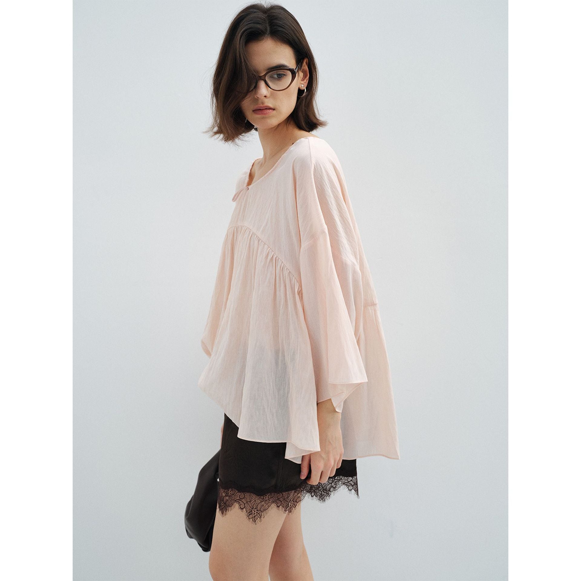 Pleated Tencel Long Sleeve Loose Pullover Shirt