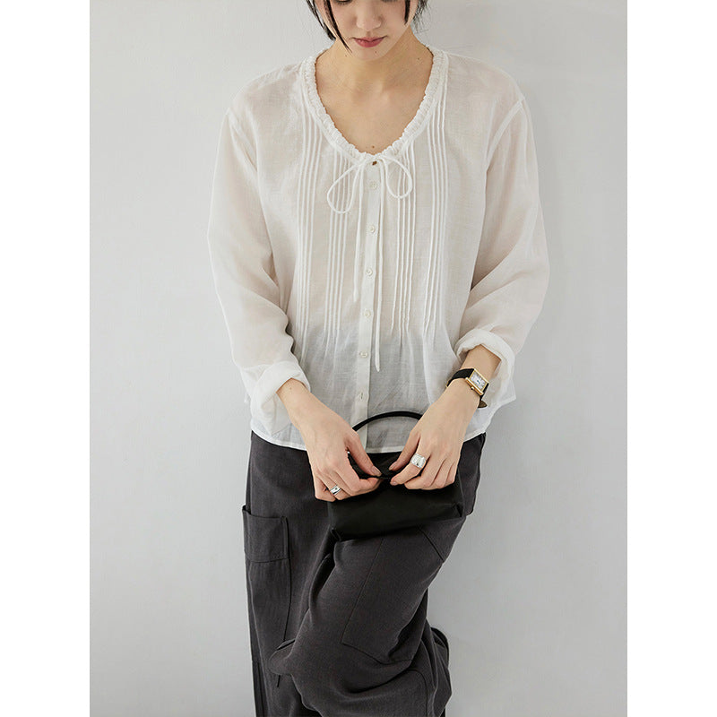 Tencel ramie pleated texture v-neck lazy lace shirt lazy shirt
